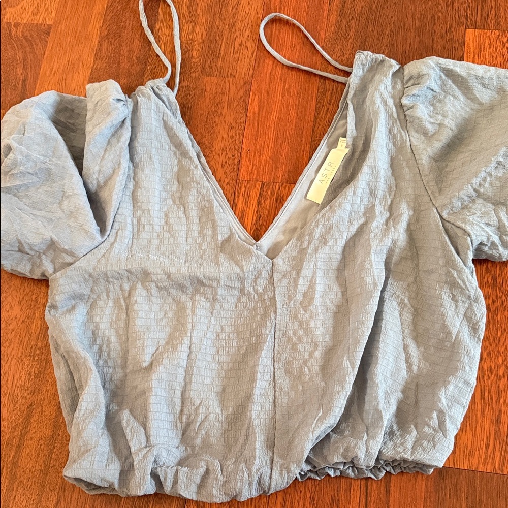 Astr Light Blue V-Neck Textured Puff Sleeve Crop Camisole